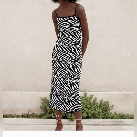 Zara Jacquard Animal Print‎ Zebra Midi Open Back Stretch Knit Dress Size Small - Picture 1 of 13